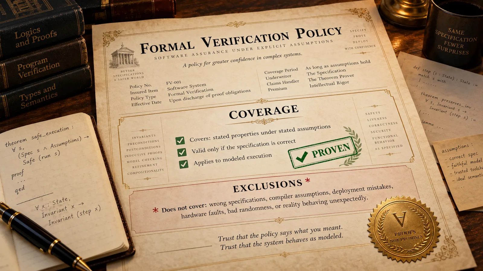 A formal verification policy: coverage of stated properties under stated assumptions, valid only if the specification is correct; exclusions for wrong specifications, compiler assumptions, hardware faults, and reality behaving unexpectedly