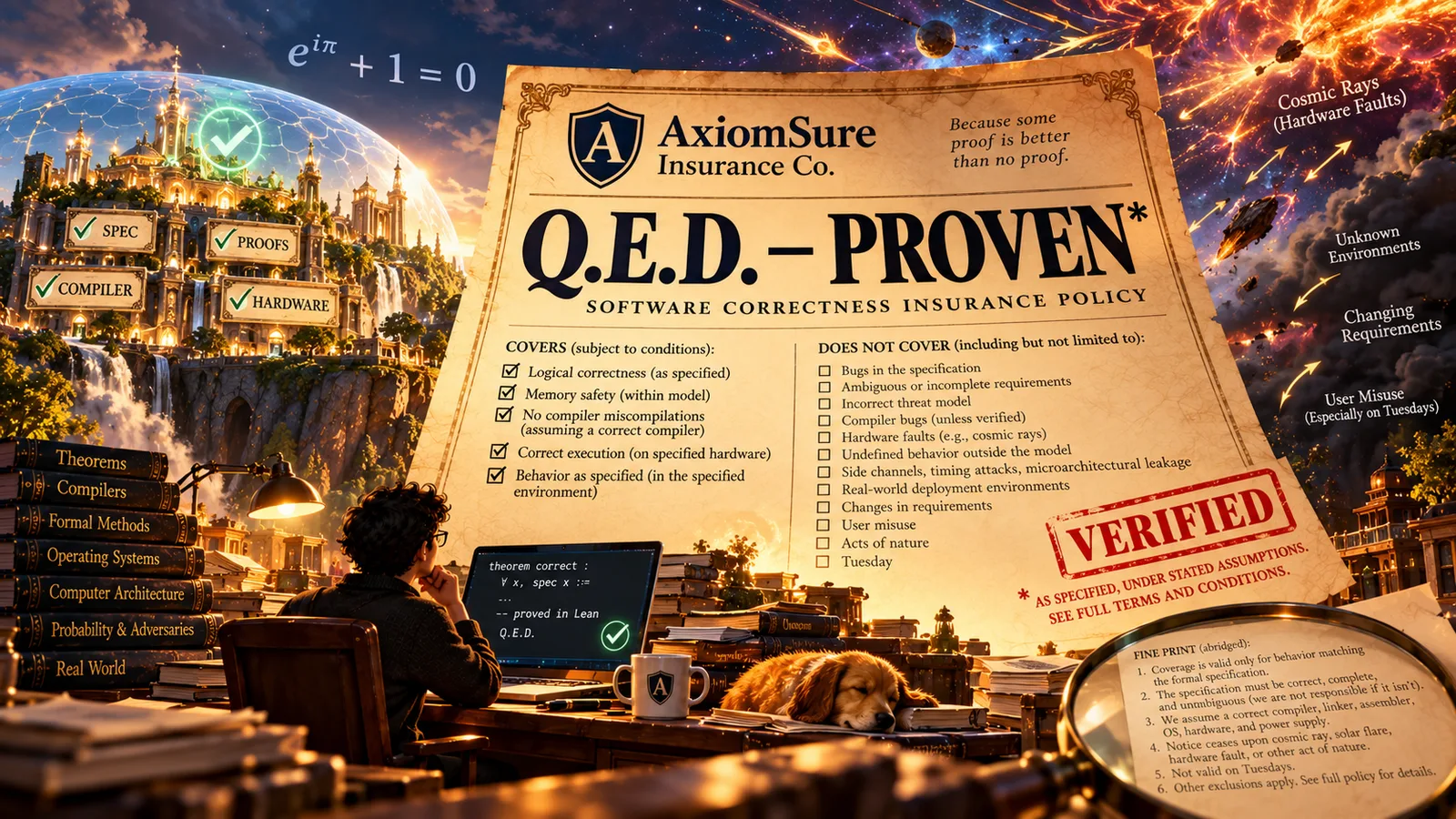 A "Q.E.D. – PROVEN*" software correctness insurance policy whose exclusions include specification bugs, compiler bugs, cosmic rays, and Tuesdays