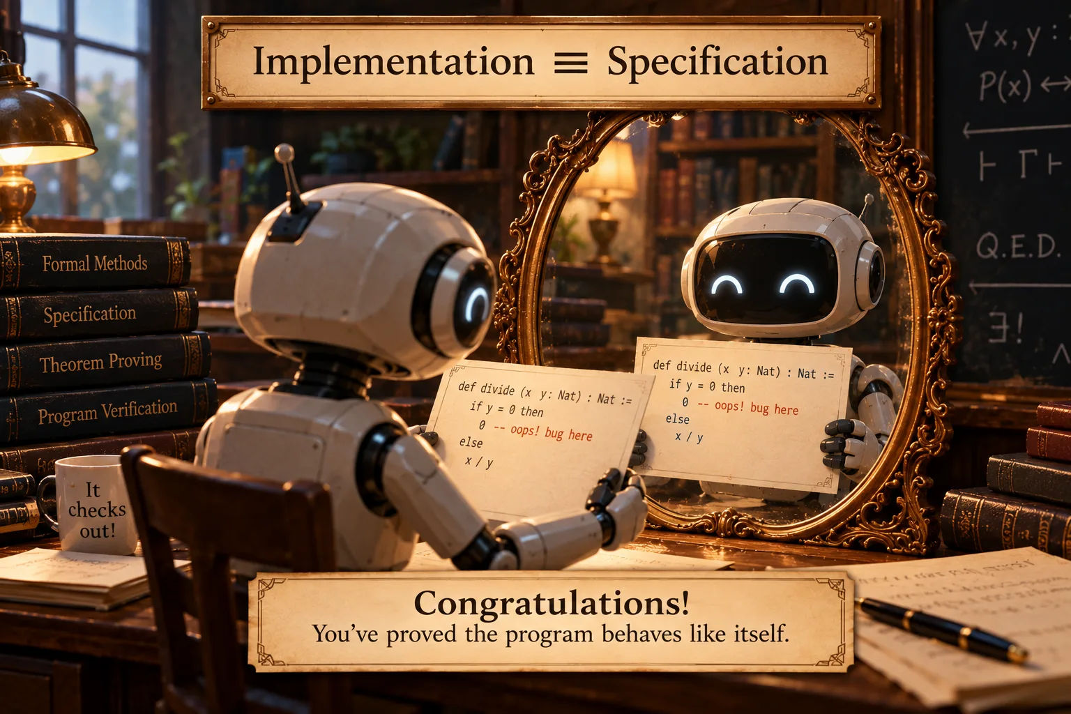 A robot holds a buggy divide function up to a mirror; its reflection holds the identical bug under the banner "Implementation ≡ Specification"