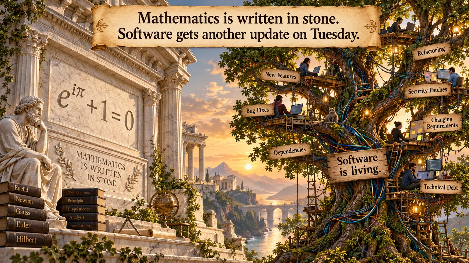 Mathematics carved in stone beside software as a living, growing tree