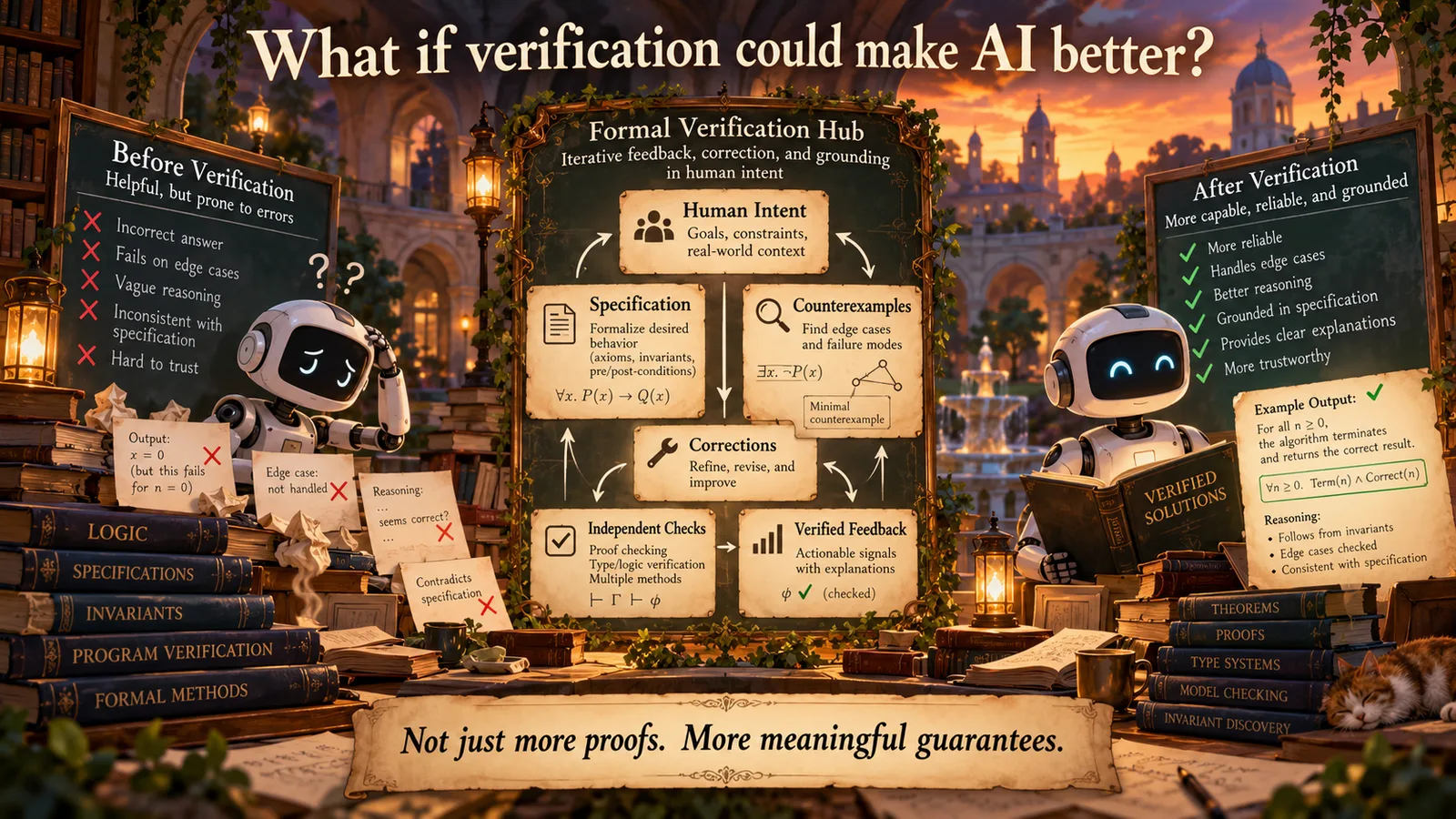 A loop of human intent, specifications, counterexamples, corrections, and verified feedback turning an error-prone AI into a more reliable one
