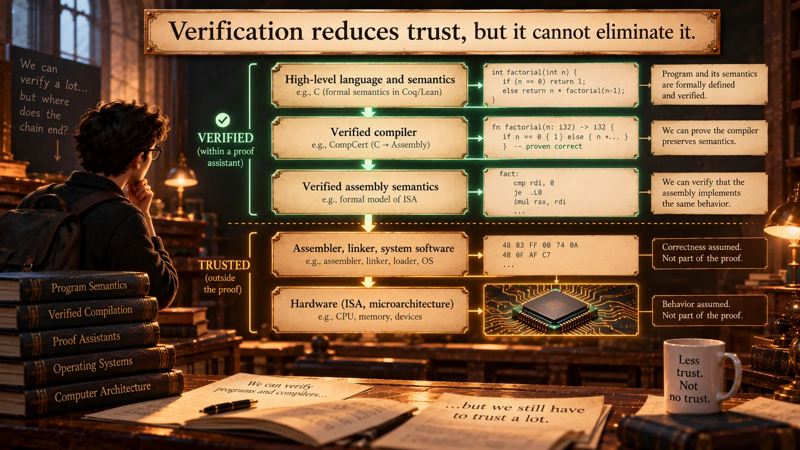 The verification stack: source semantics, a verified compiler, and assembly semantics are proved; the assembler, linker, OS, and hardware remain trusted