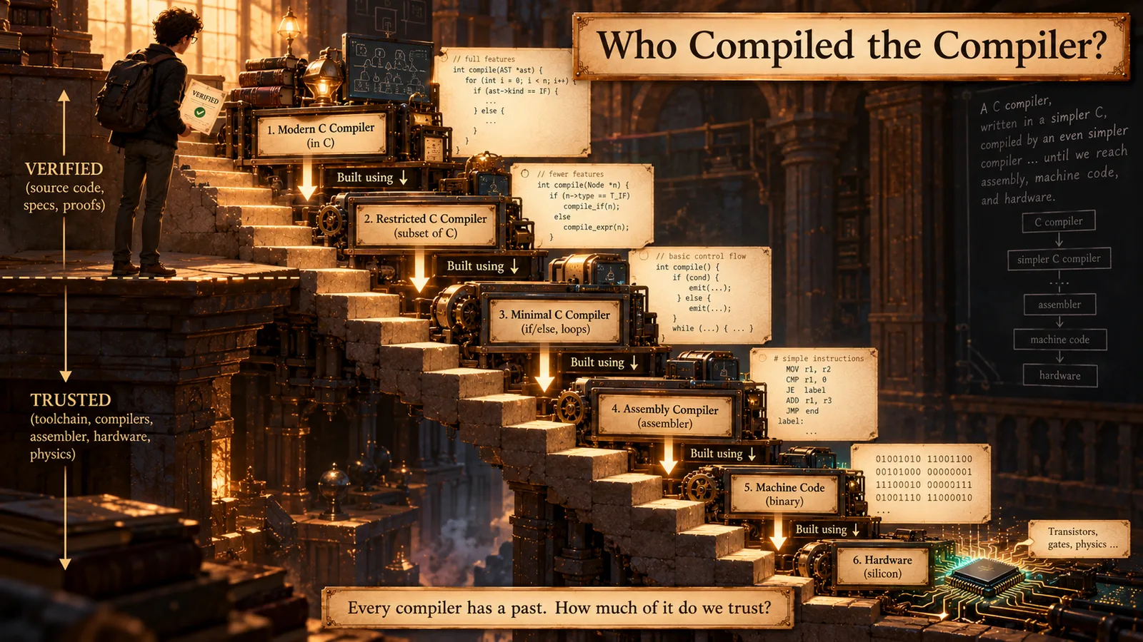 A staircase of compilers, each built by a simpler one: a modern C compiler, a restricted C compiler, a minimal C compiler, an assembler, machine code, and finally hardware. "Every compiler has a past. How much of it do we trust?"